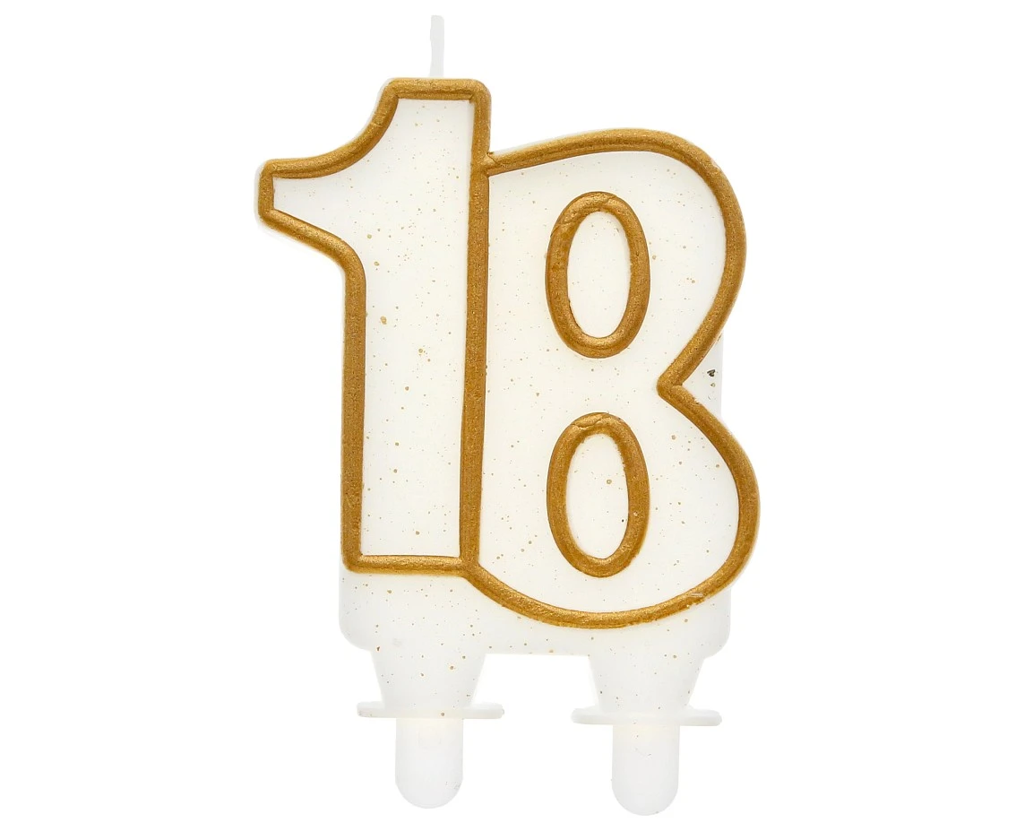 Birthday candle digit "18", gold outline, 8 cm